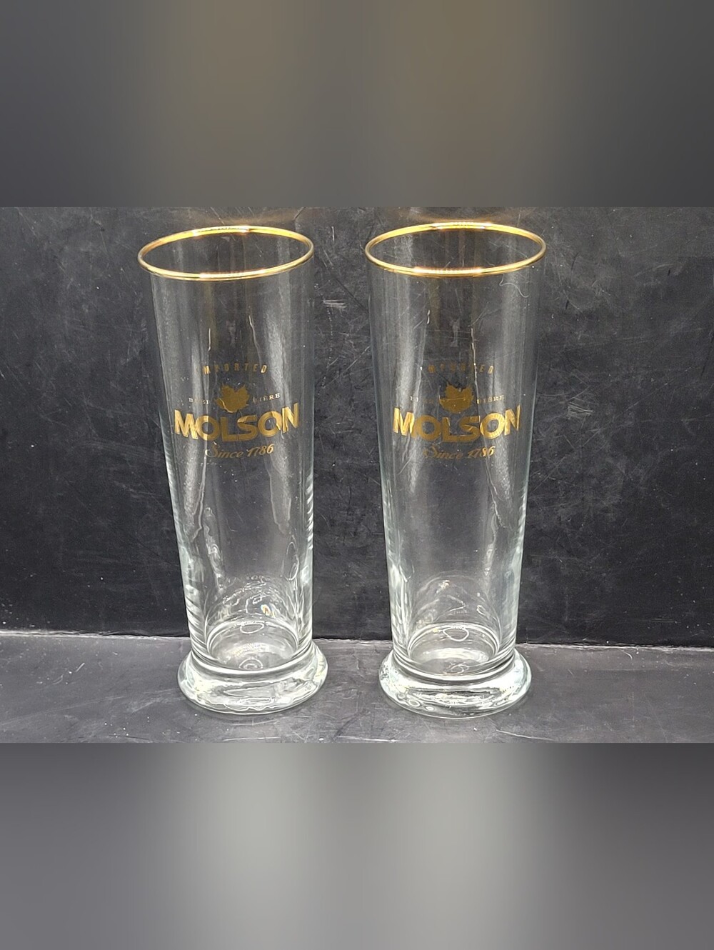 Vintage Molson Imported Beer Pilsner Glasses Pair Gold Rim Maple Leaf Logo 7.25"